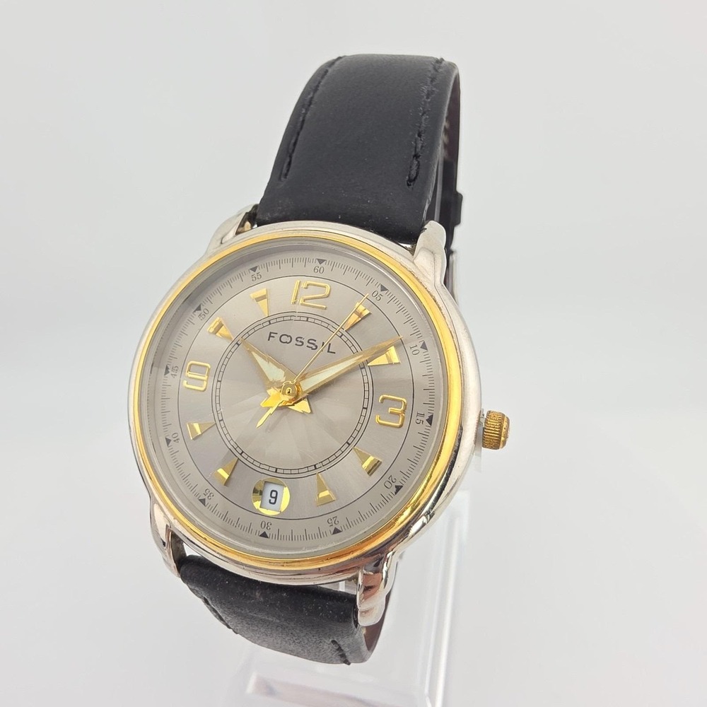 Vtg FOSSIL Watch Rivoli Prism Crystal Black Leather Date Silver Gold Plate 8"